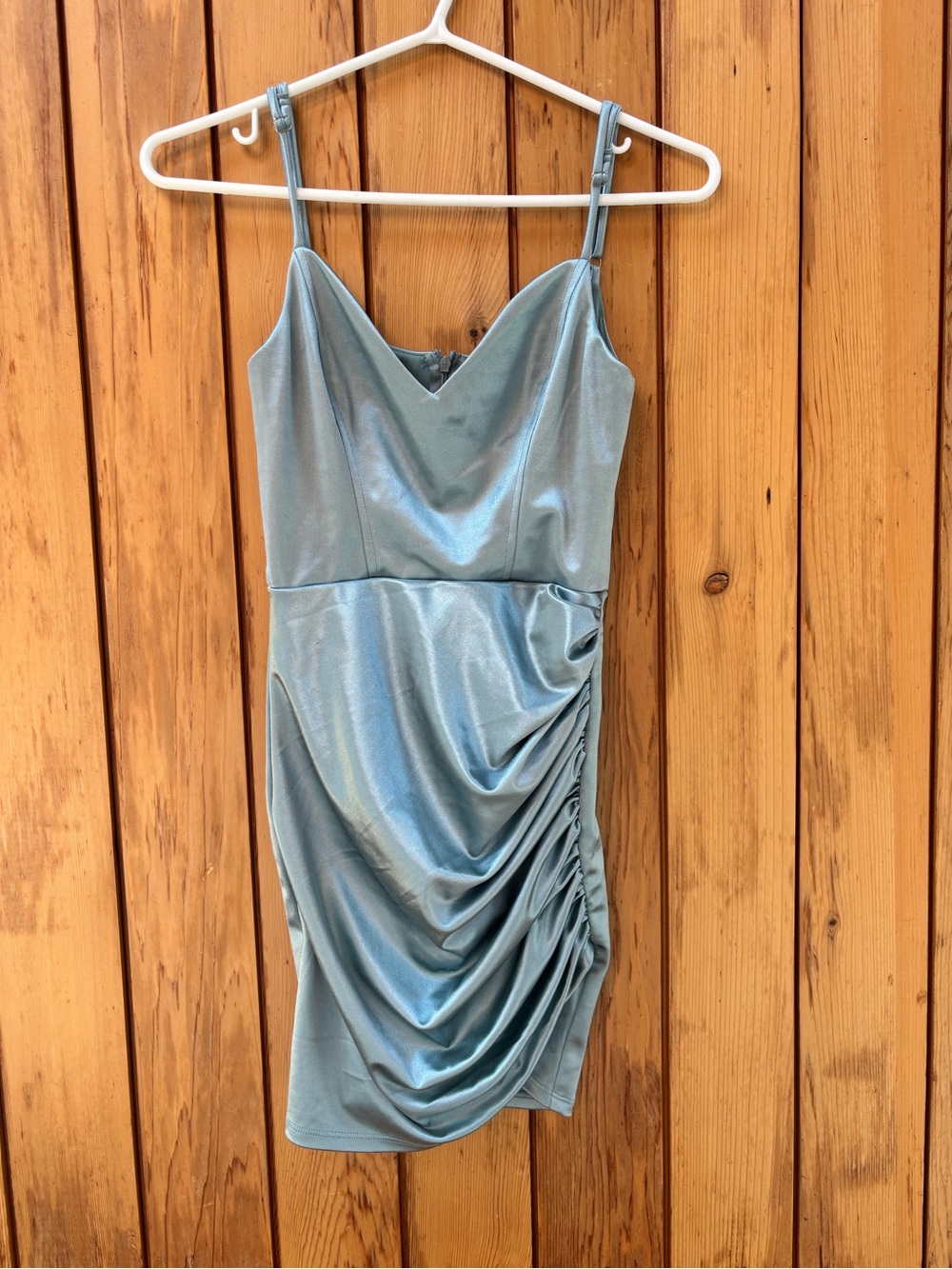 Lucy in the Sky Light Blue Satin Ruched Bodycon Mini Dress - Small
